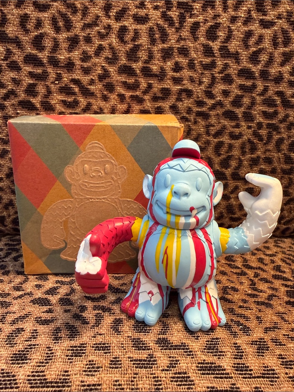 Designer Blue & Red Paint-Drip Monkey Figure-Adult Collectible. Moveable Arms.